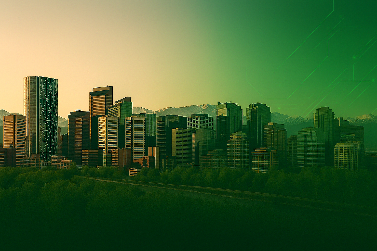 Calgary cityscape with digital overlay